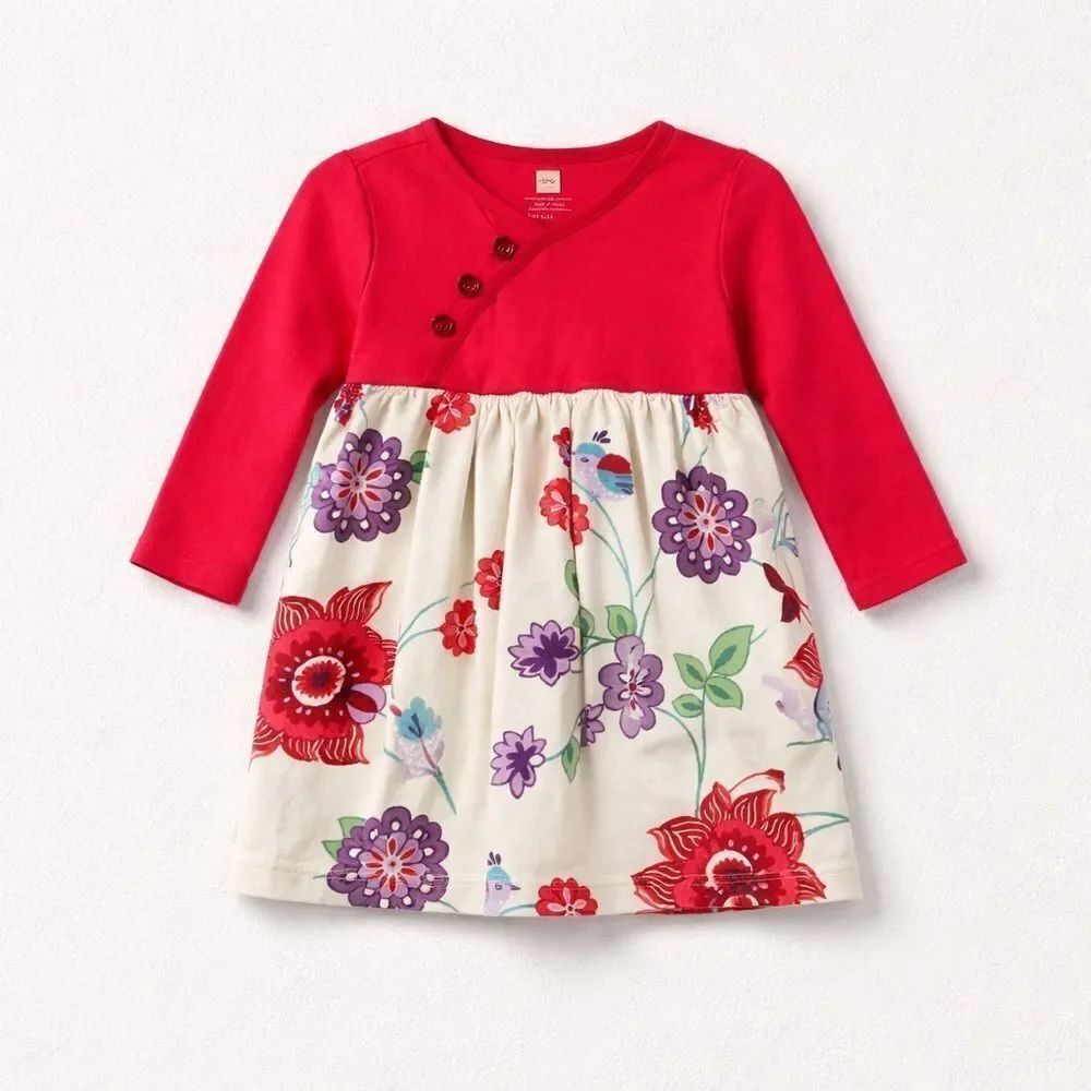 Tea pink and cream long sleeve floral and bird print cotton dress size 6-12 m